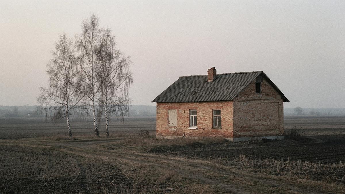 Two-storey brick country house with a tiled roof beside birch trees in Poltava oblast