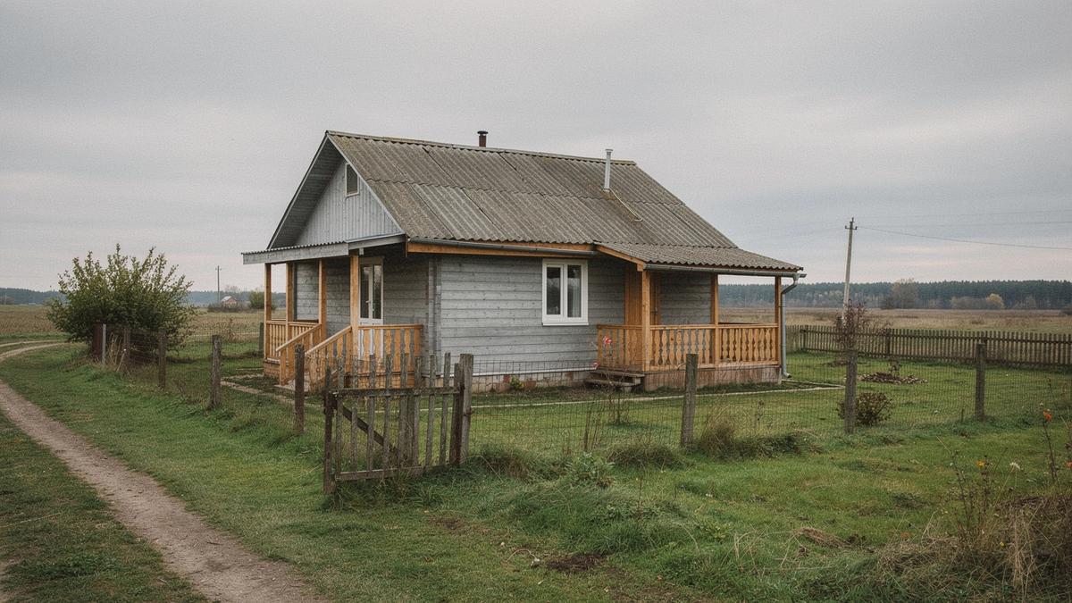 Timber frame cottage with a covered porch on a fenced plot in Zhytomyr oblast