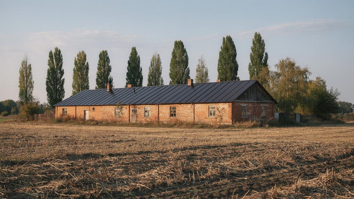Long brick farmhouse with a new metal roof and open field behind it in Chernihiv oblast