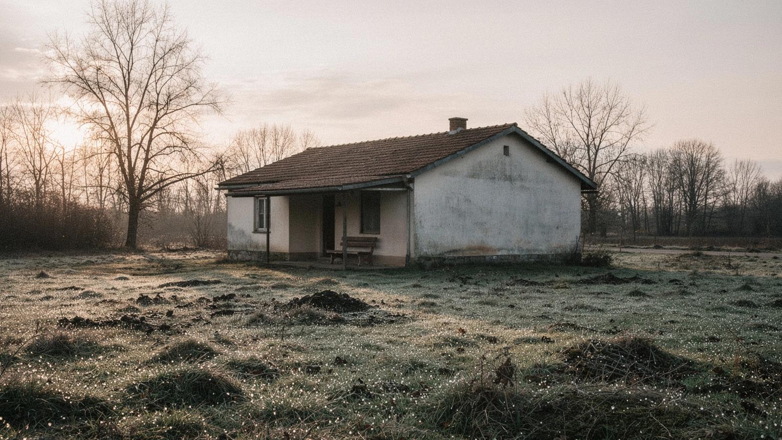 Low-roofed country house on open land in Poltava oblast at dawn