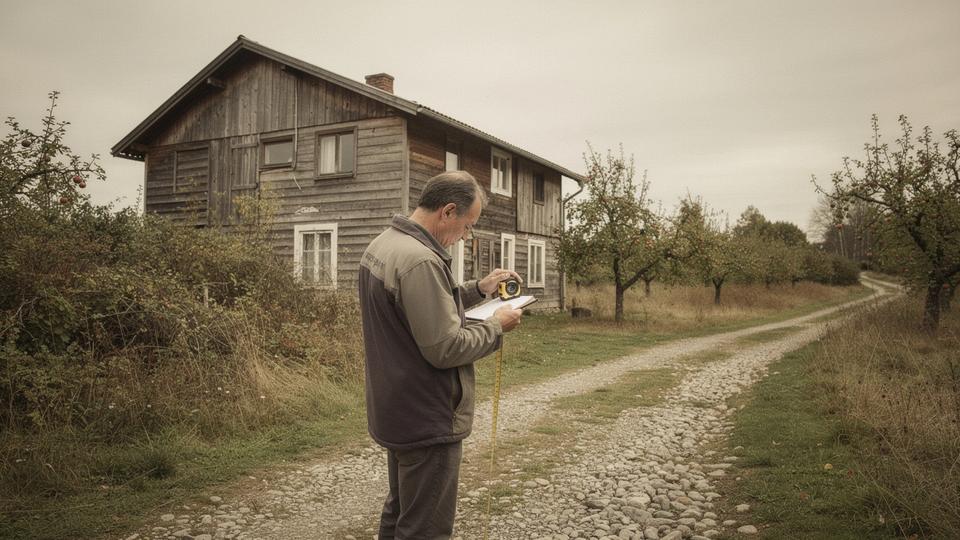 Advisor measuring the facade of a two-storey country house during an on-site survey