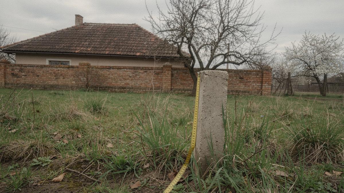 Adviser measuring a boundary post on a fenced cottage plot outside Poltava