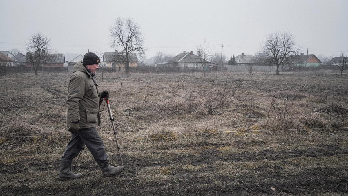 Surveyor walking the boundary line of a country plot in Poltava oblast