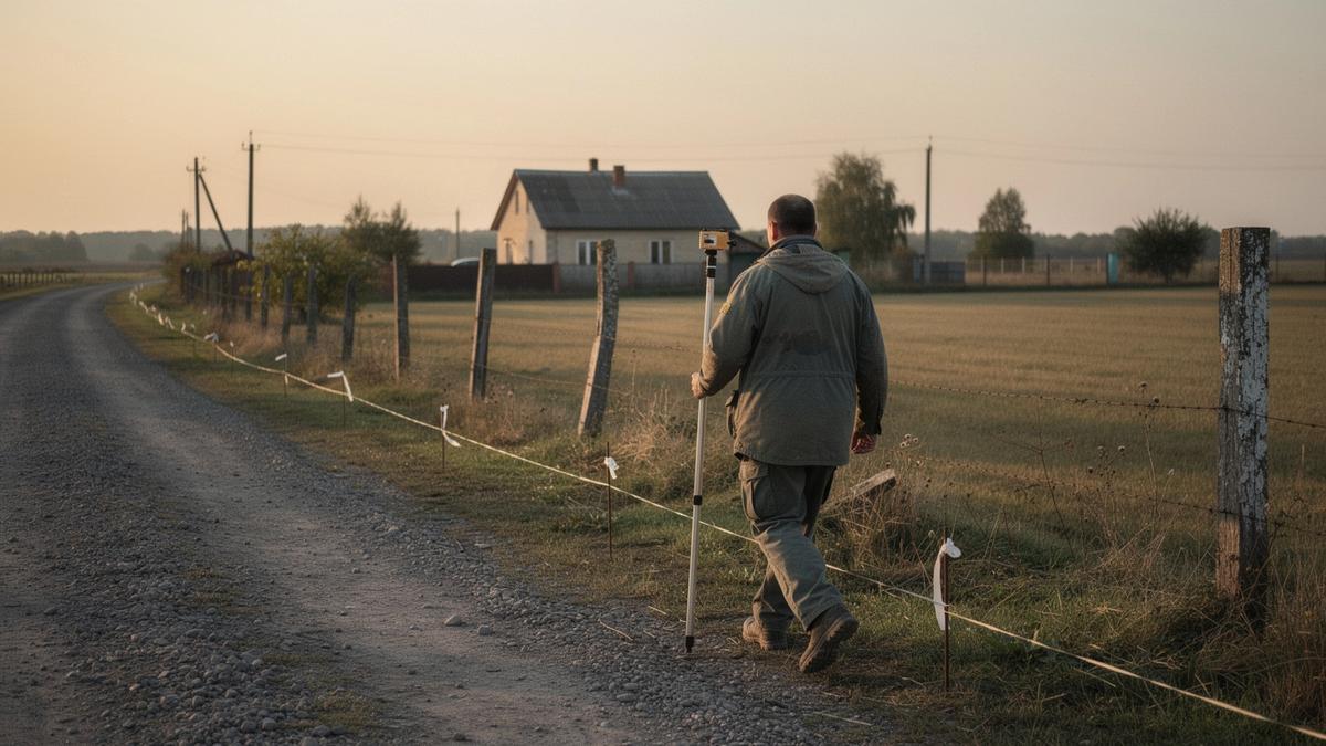 Surveyor walking the boundary line and access road of a country house in Poltava oblast