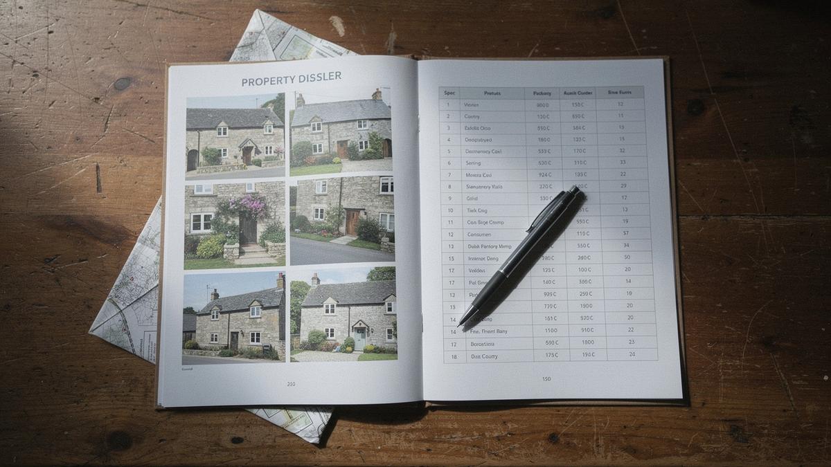 Printed property dossier with survey photographs and a two-column spec table on a wooden desk